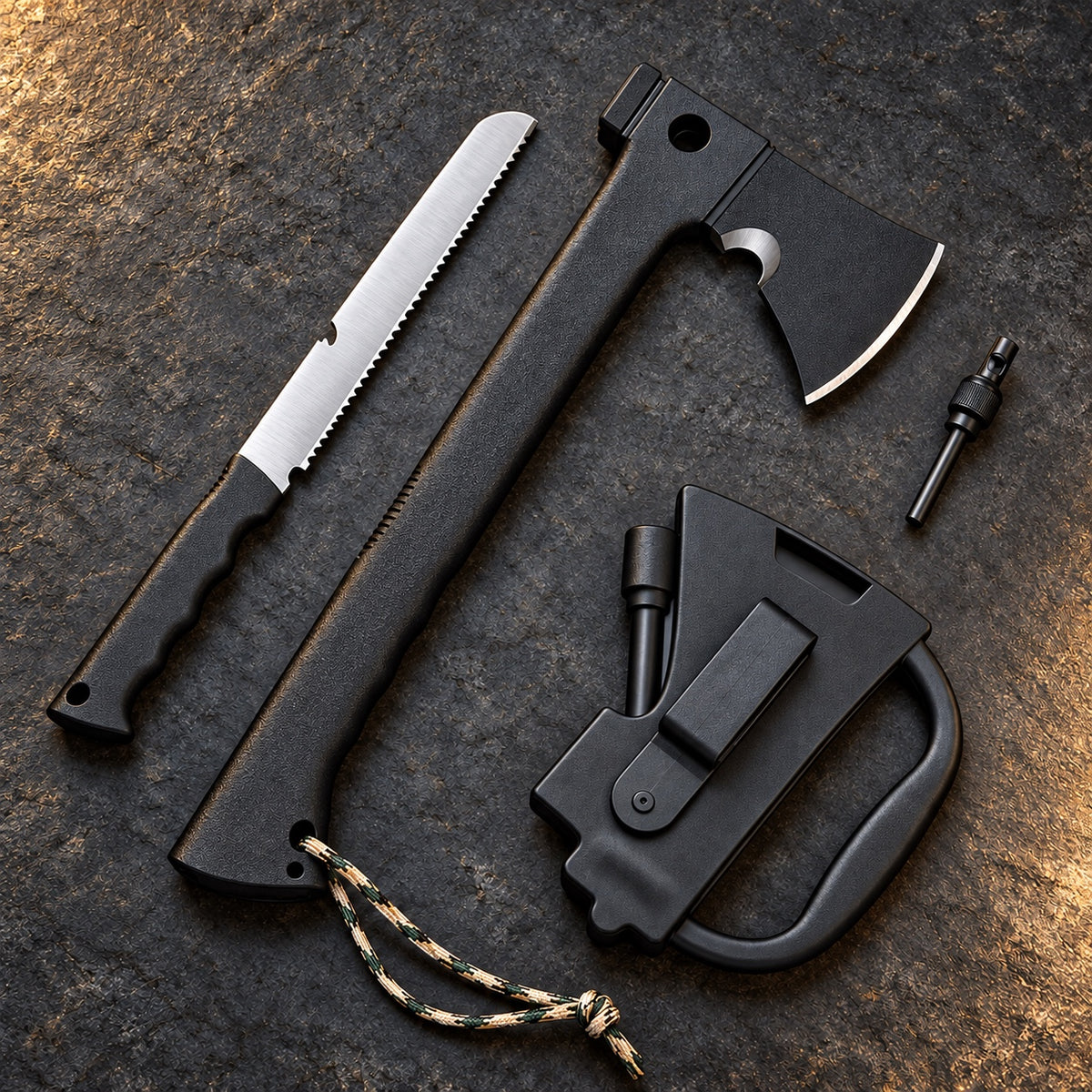HIDDENAXE black multifunctional camping axe with removable saw-knife, protective carry sheath and firestarter whistle