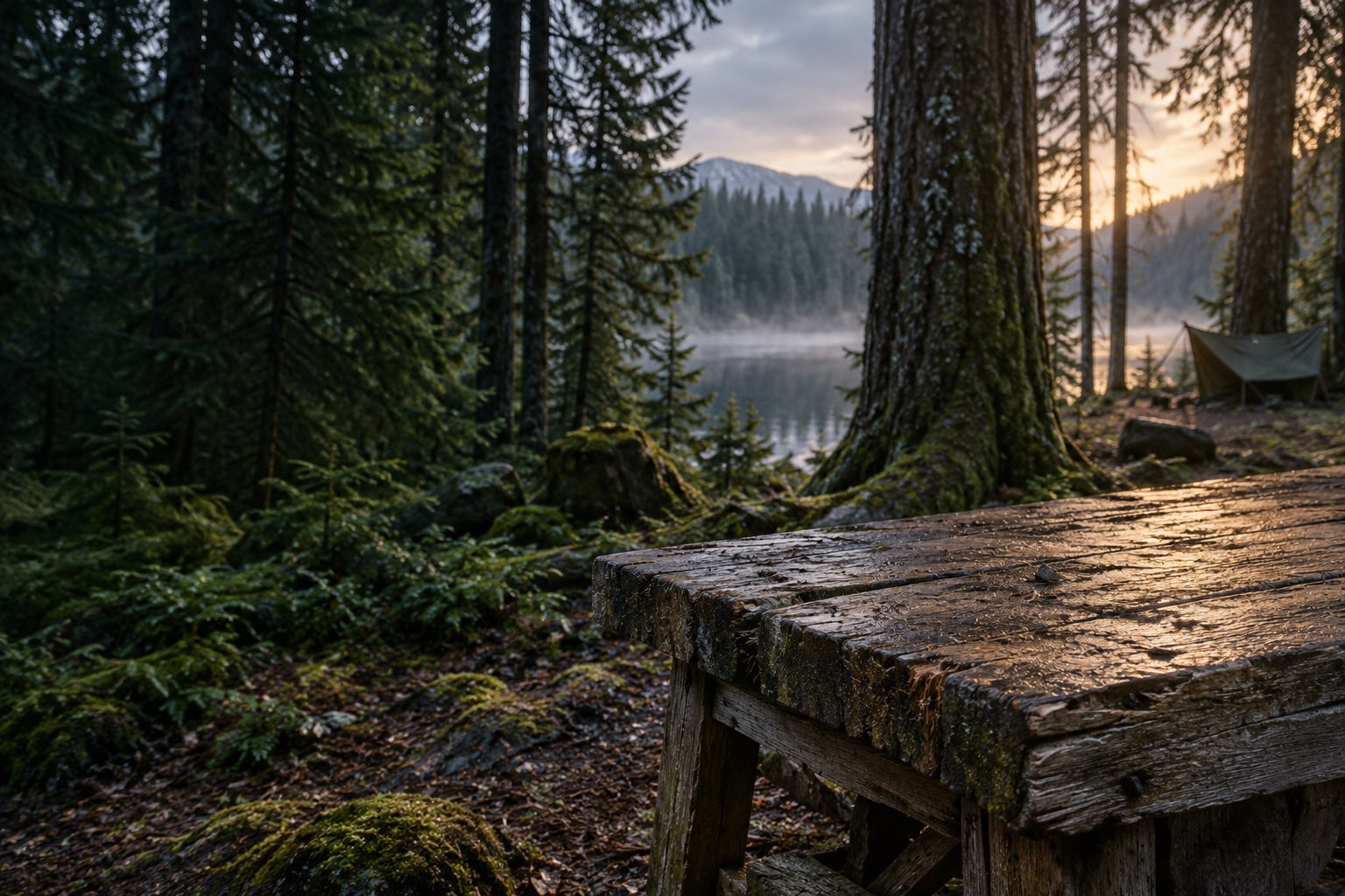 Quiet pine forest campsite at dawn