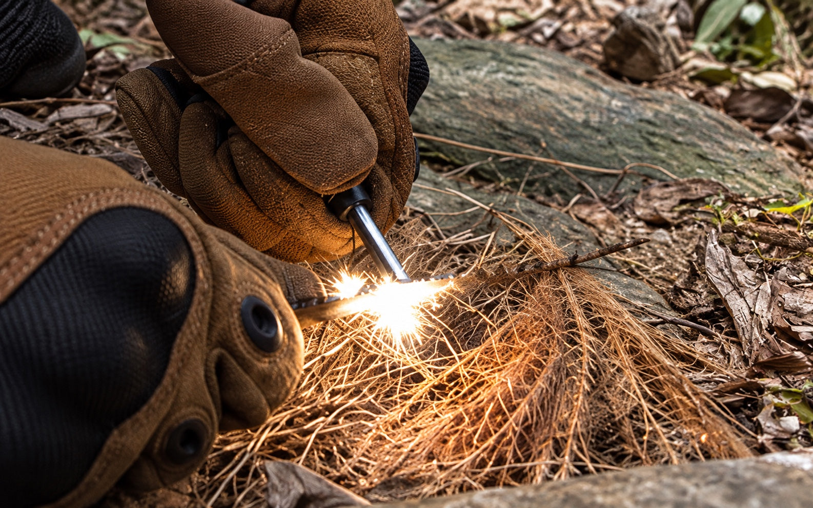 The included fire-starting rod producing sparks above tinder