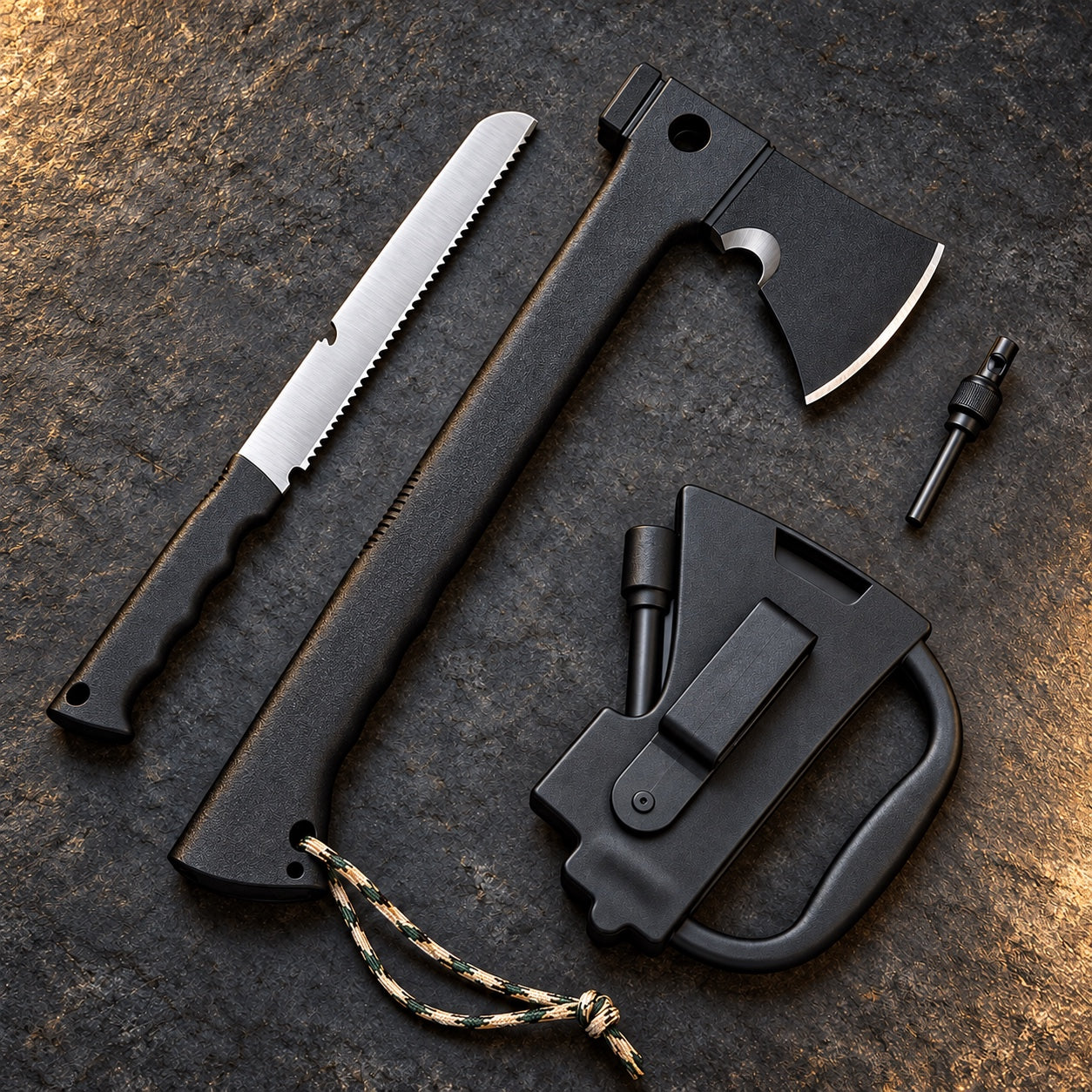 HIDDENAXE black camping axe, removable saw blade, carrying sheath and firestarter whistle accessory