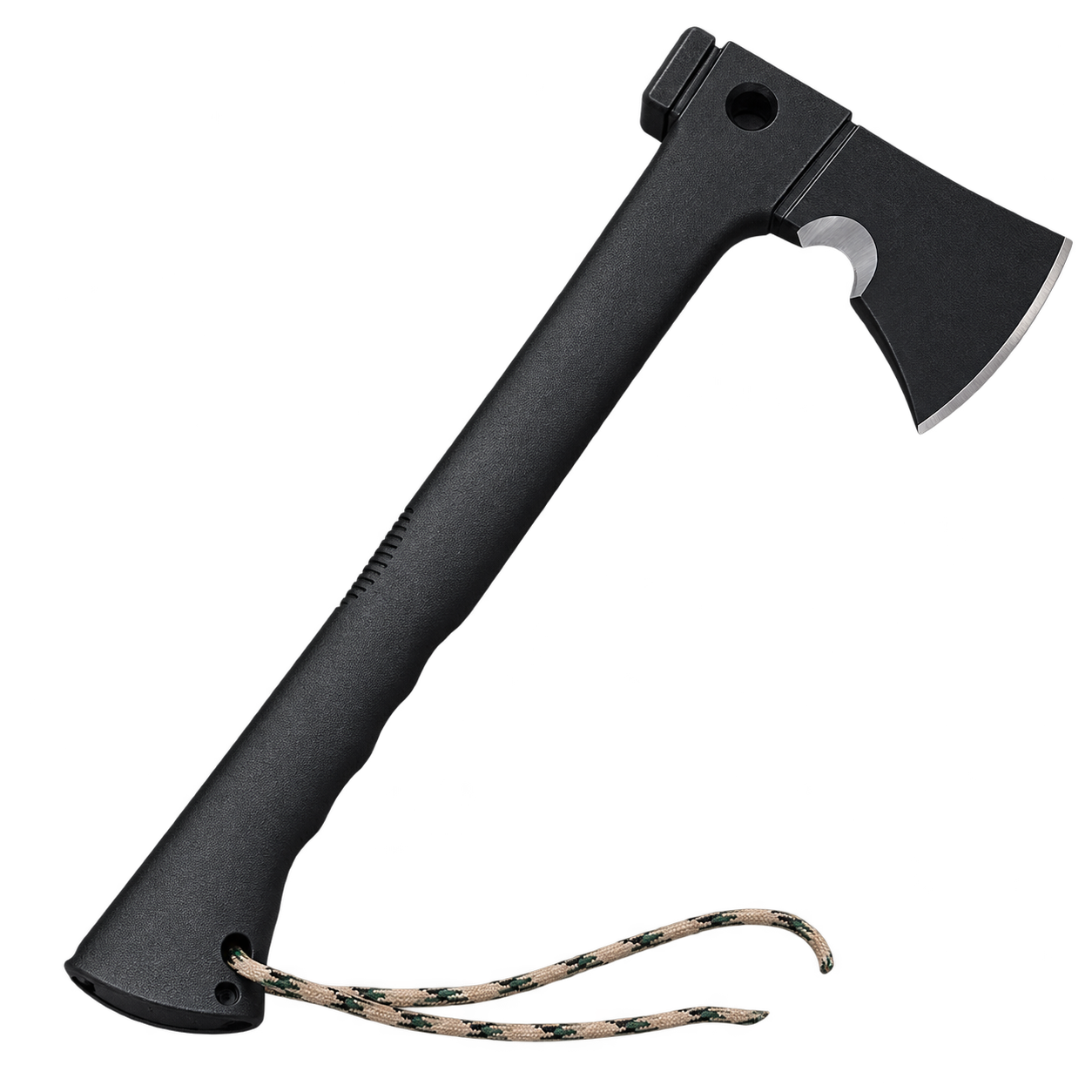 HIDDENAXE black camping axe with curved cutting edge, rope cutter and rear hammer